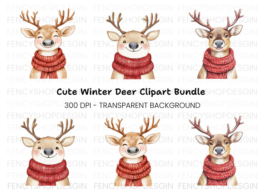 Smiling Reindeer with Red Scarf Clipart Bundle