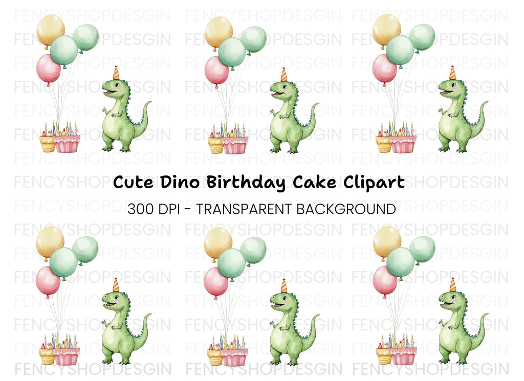 Dinosaur Birthday Cake Balloons Clipart Bundle