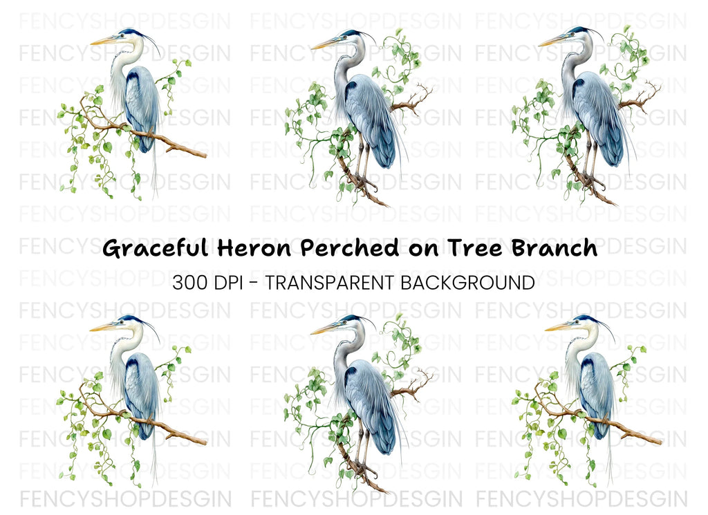 Heron on Branch with Green Leaves Clipart Bundle
