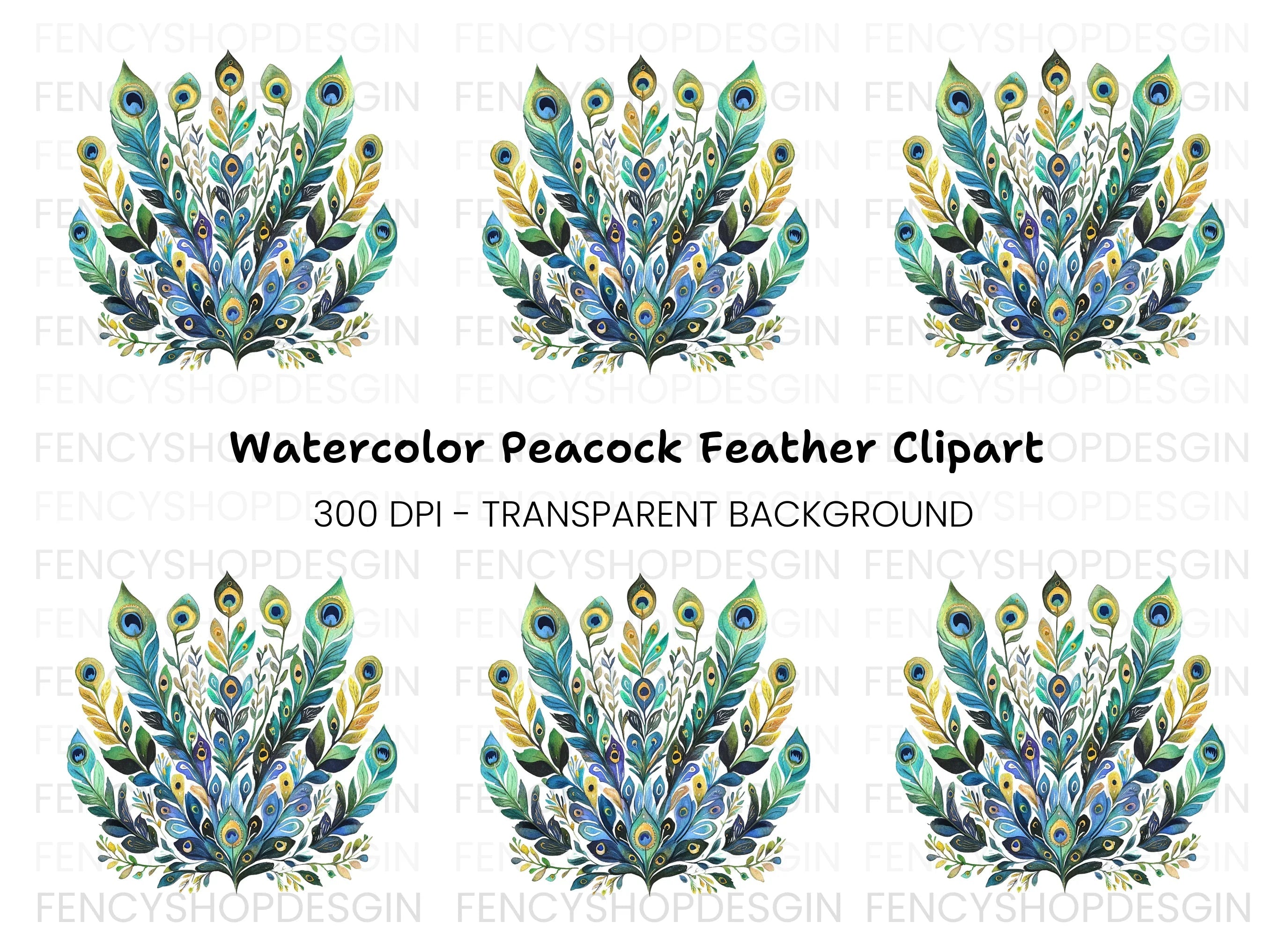 Peacock Feather Arrangement Clipart Bundle