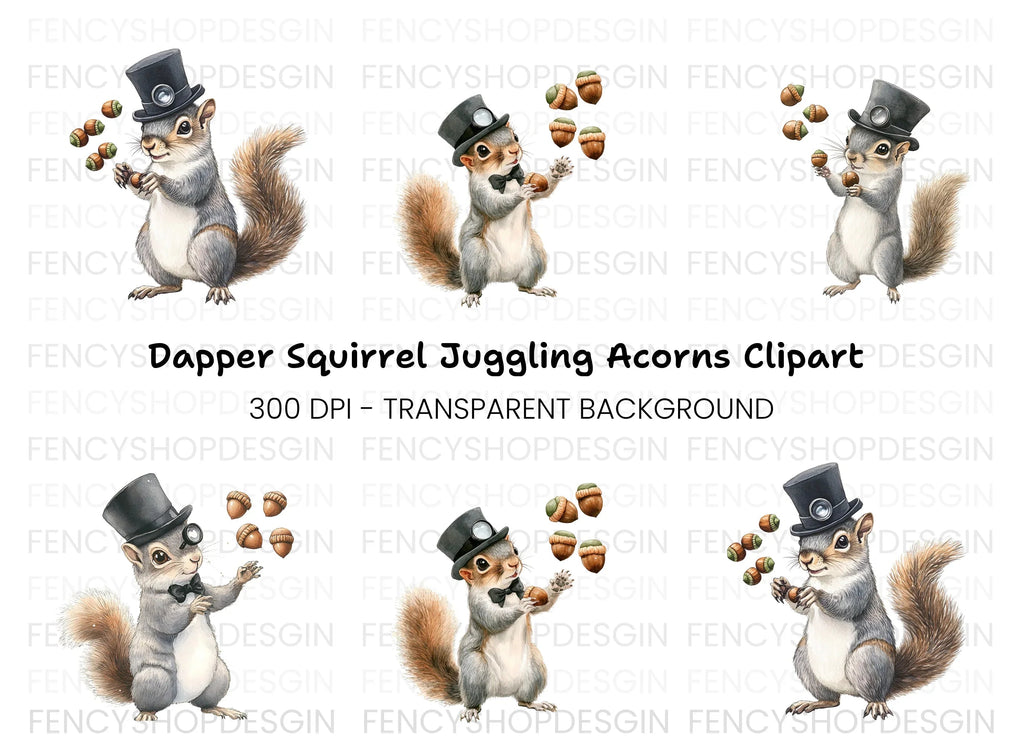 Squirrel with Top Hat and Acorns Clipart Bundle