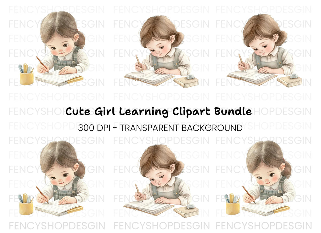 Cute Girls Studying Clipart Bundle