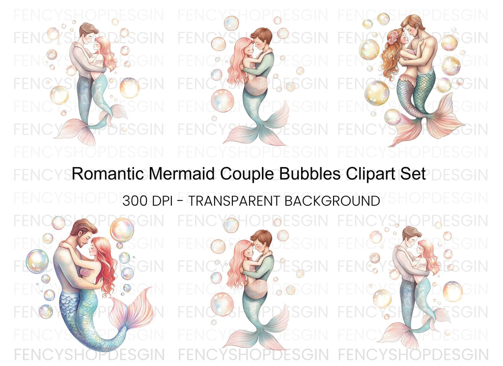 Romantic Mermaid Couple Bubbles Clipart Bundle