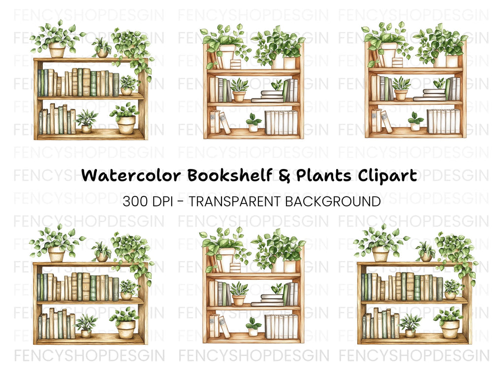 Bookshelf with Potted Plants Clipart Bundle