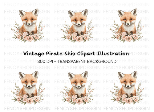 Adorable Fox with Pink Flowers Clipart Bundle