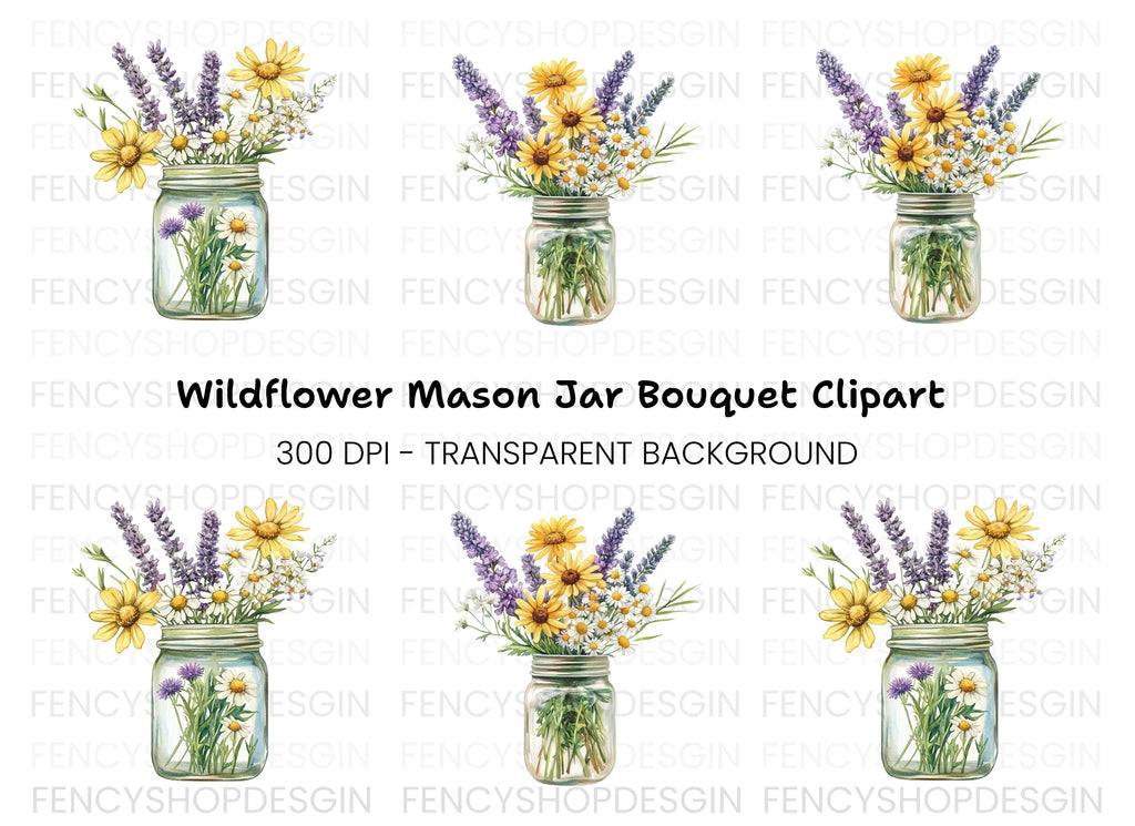 Wildflower Mason Jar Bouquets Clipart Bundle