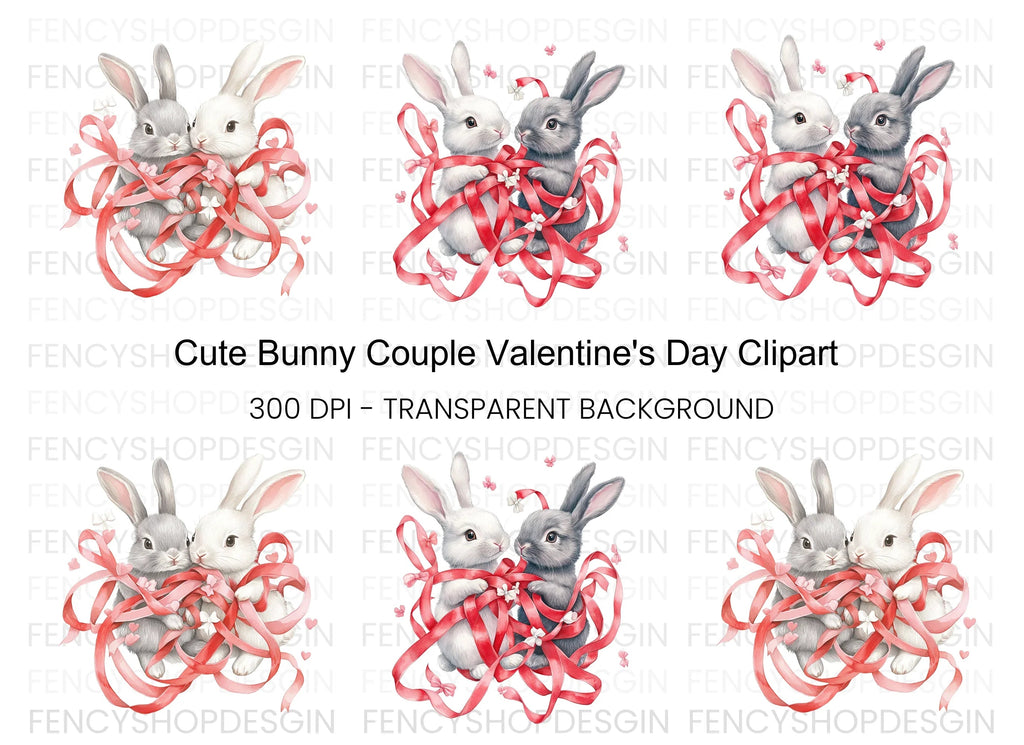 Cute Bunny Couple with Red Ribbons Clipart Bundle