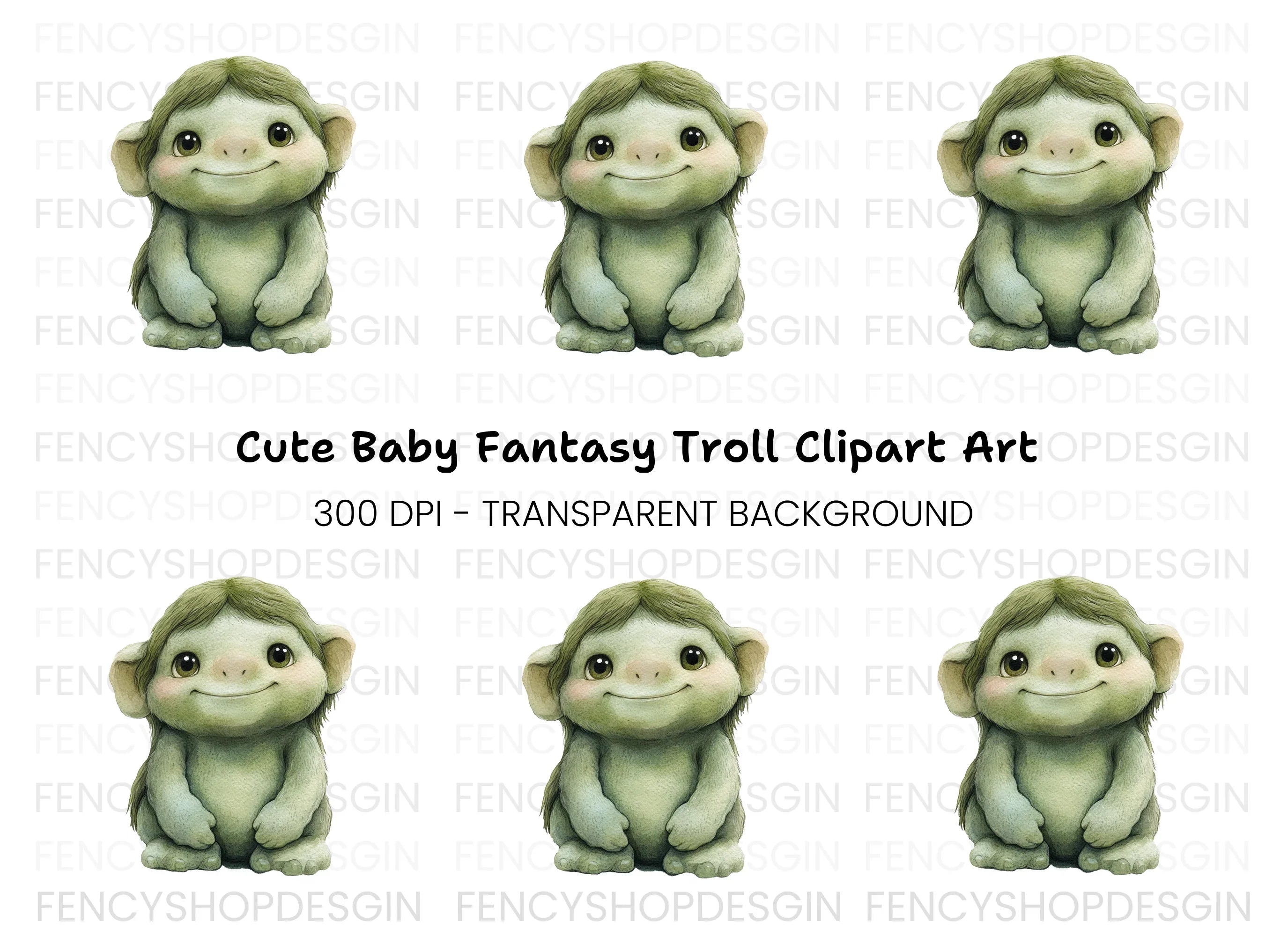Cute Green Troll Creature Clipart Bundle