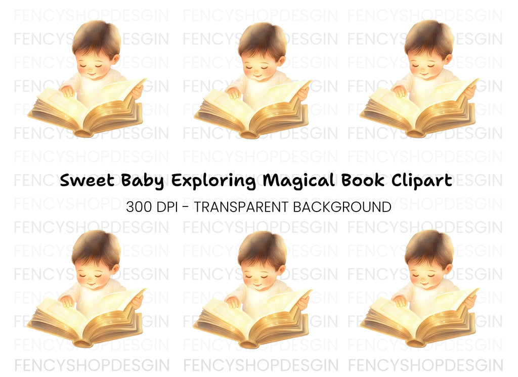 Sweet Baby Boy Reading Enchanted Book Clipart Bundle