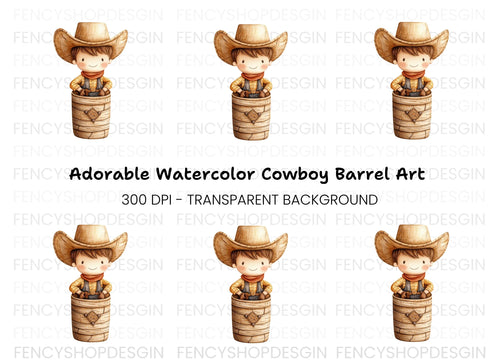 Adorable Cowboy in Barrel Clipart Bundle