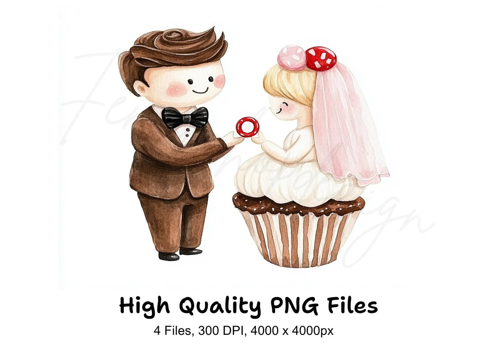 Cute Wedding Couple Cupcake Clipart Bundle