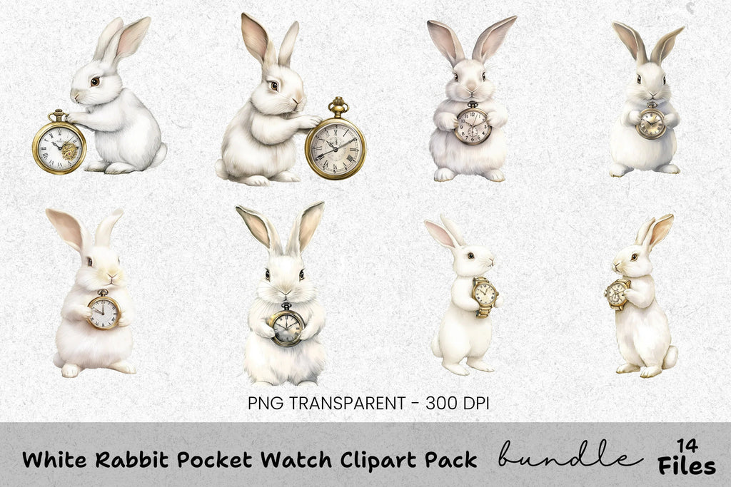 White Rabbit Pocket Watch Clipart Bundle