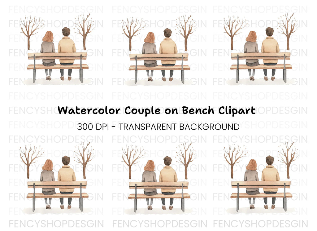 Couple on Bench Winter Scene Clipart Bundle