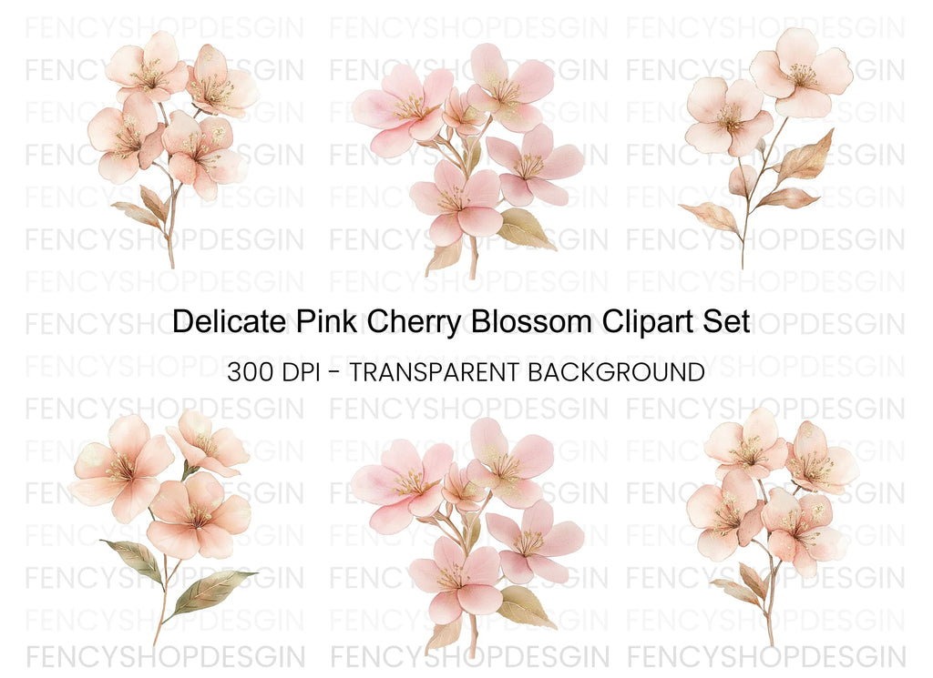 Delicate Pink Cherry Blossom Clipart Bundle