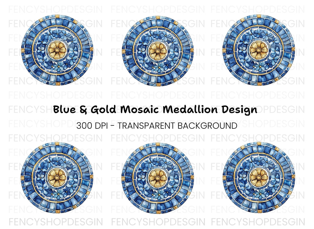 Blue Floral Mosaic Tile Clipart Bundle