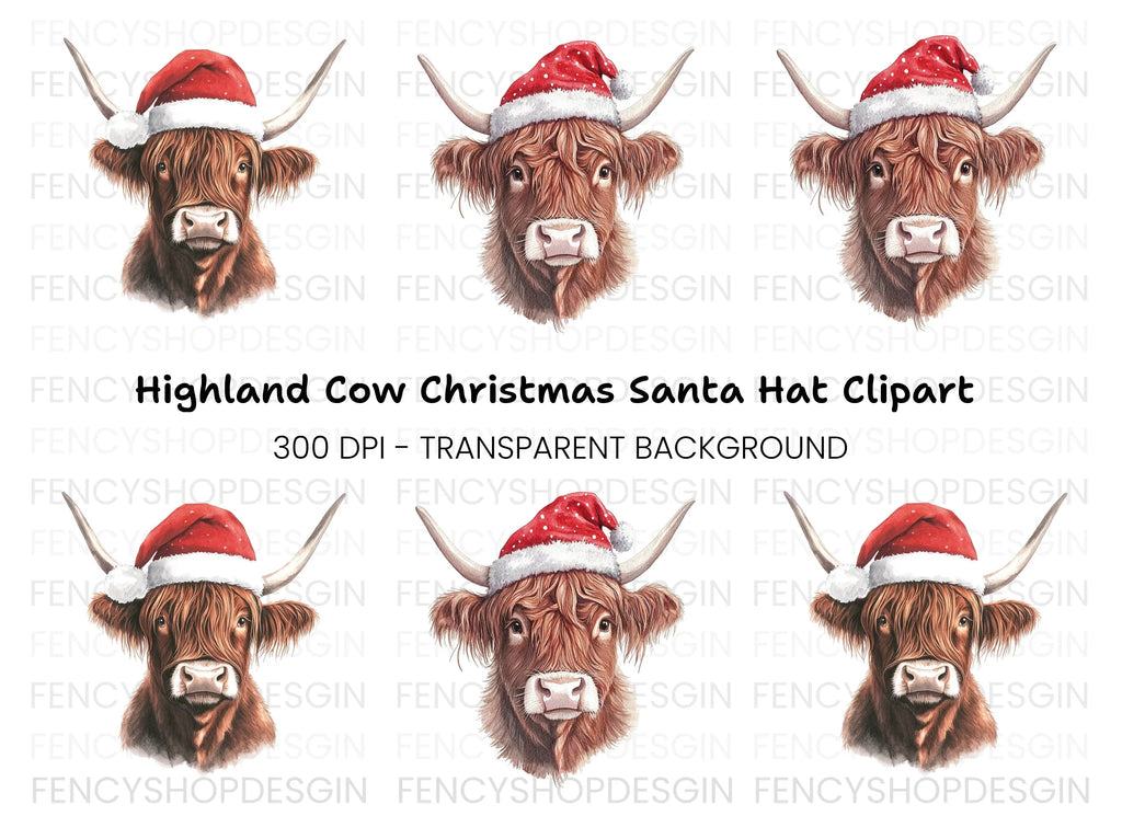 Highland Cow Christmas Santa Hats Clipart Bundle