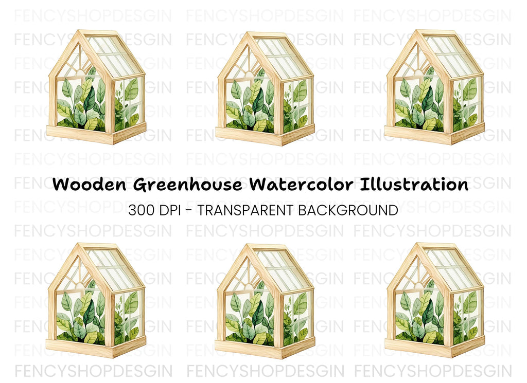 Wooden Greenhouse with Plants Clipart Bundle