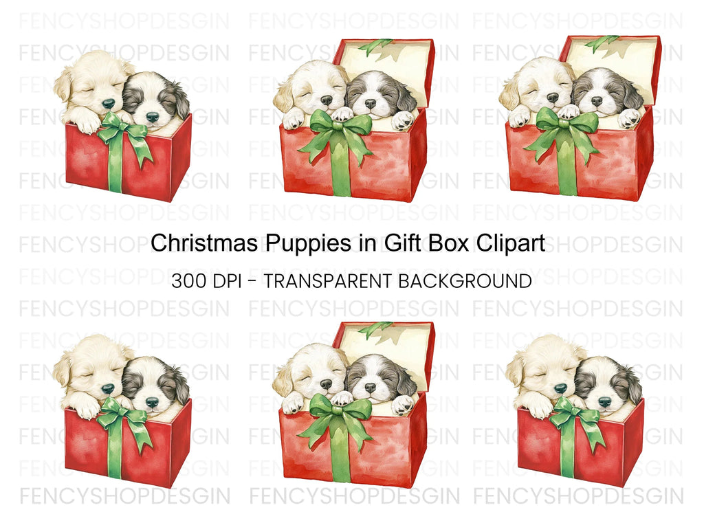 Puppies in Gift Box Clipart Bundle