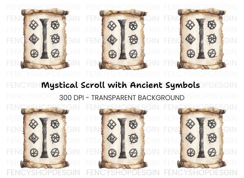 Mystical Scroll with Runic Symbols Clipart Bundle