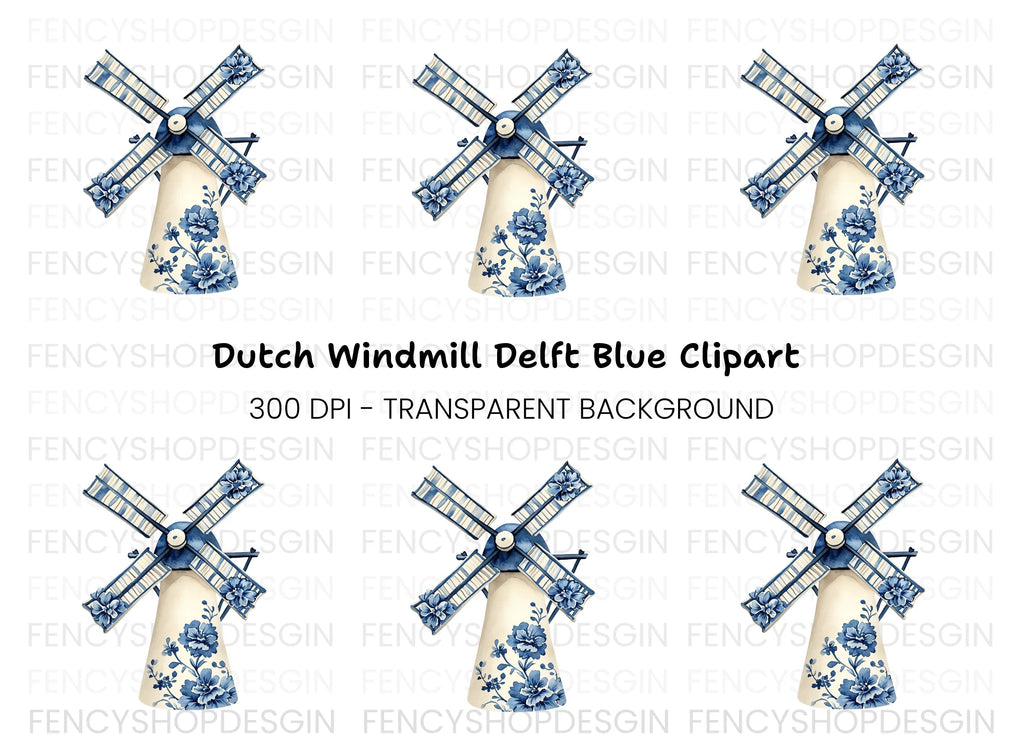 Dutch Windmill Blue Floral Clipart Bundle