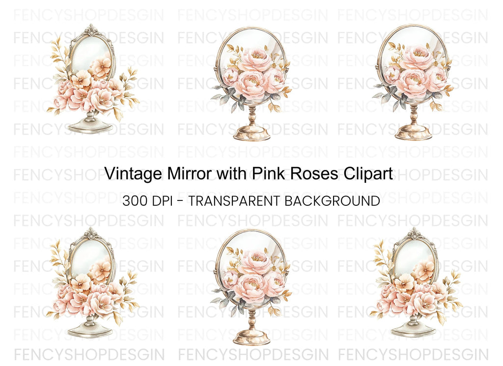 Vintage Mirror with Pink Roses Clipart Bundle