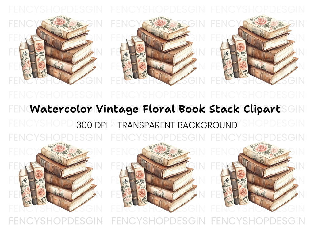 Stacked Books with Roses Clipart Bundle