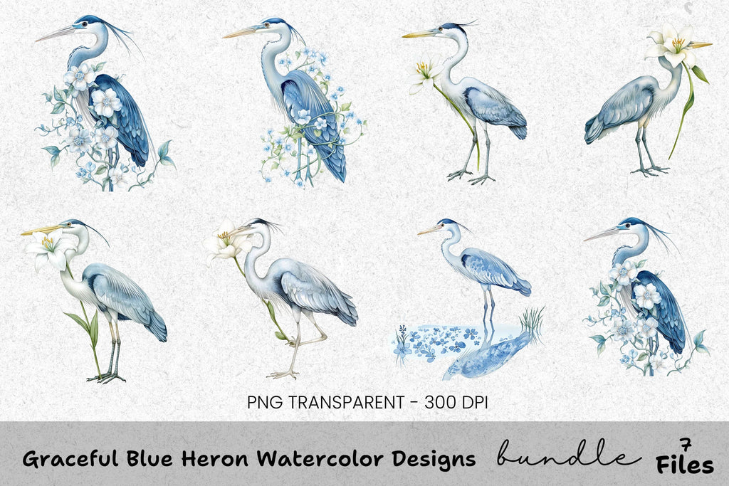 Graceful Blue Heron Designs Clipart Bundle