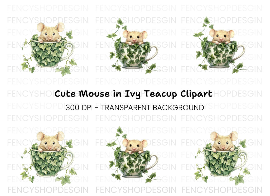 Cute Mice in Ivy Teacups Clipart Bundle