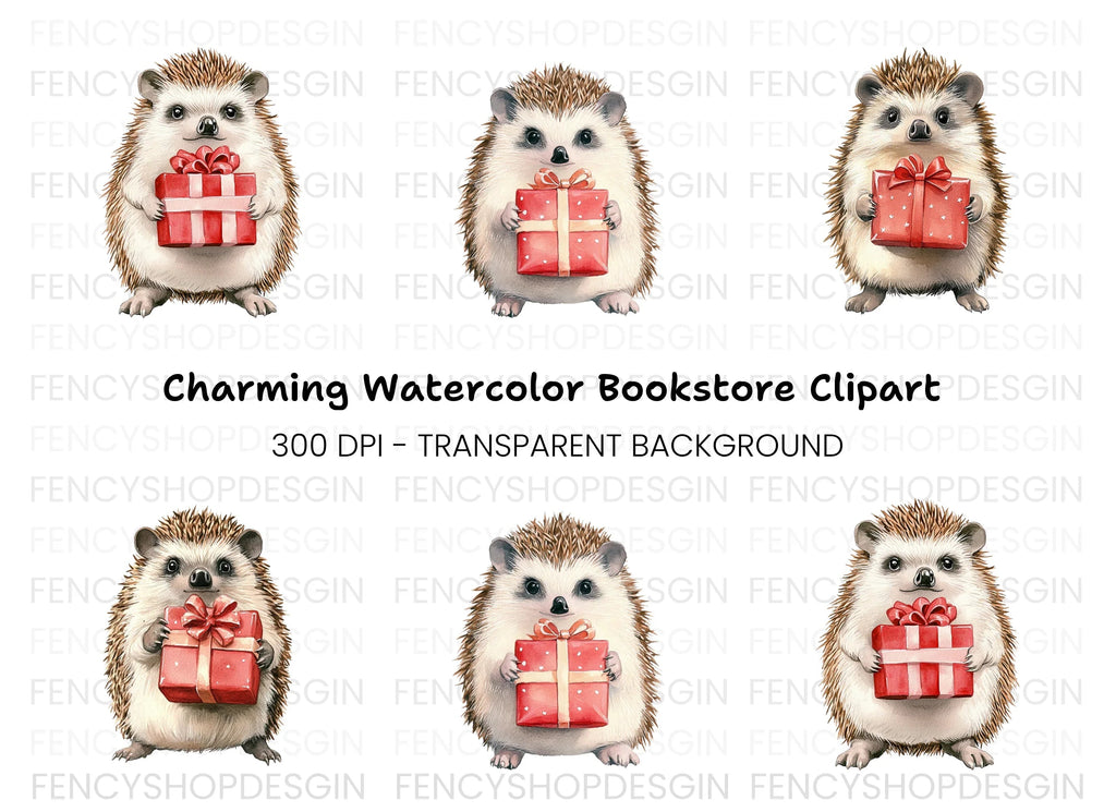 Cute Hedgehog with Red Gift Box Clipart Bundle