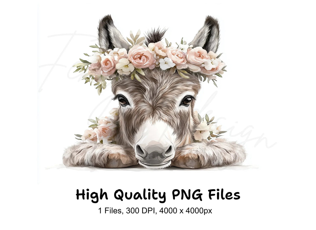 Adorable Donkey with Floral Crown Clipart Bundle