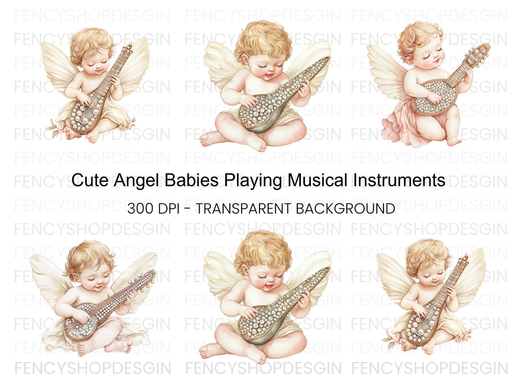 Cute Cherubs Playing Musical Instruments Clipart Bundle