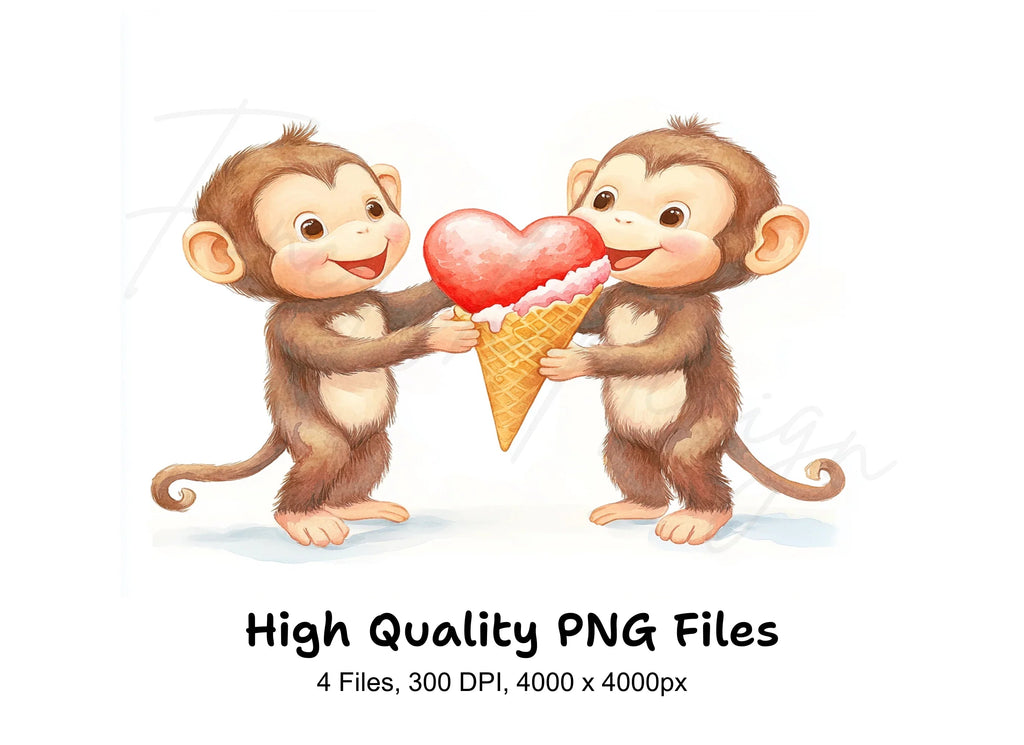 Cute Monkeys Sharing Heart Ice Cream Clipart Bundle