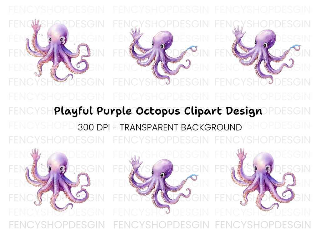Cute Purple Octopus Waving Clipart Bundle