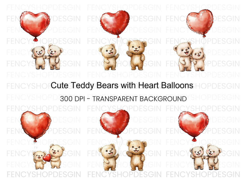Cute Teddy Bears with Heart Balloons Clipart Bundle