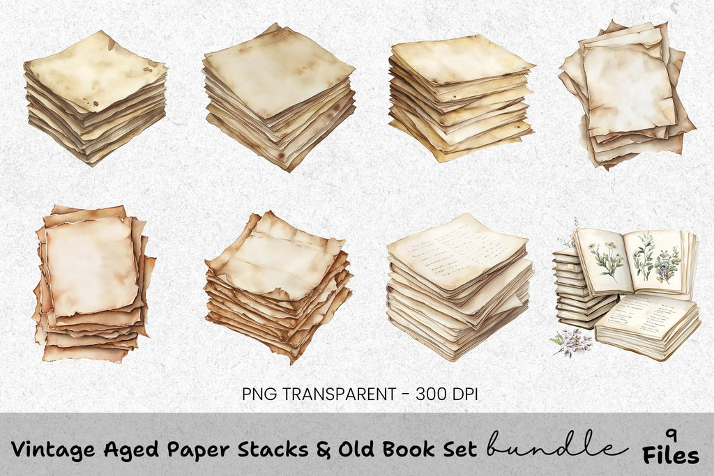 Vintage Aged Stacks Old Book Clipart Bundle