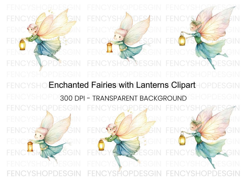 Whimsical Fairies with Lanterns Clipart Bundle