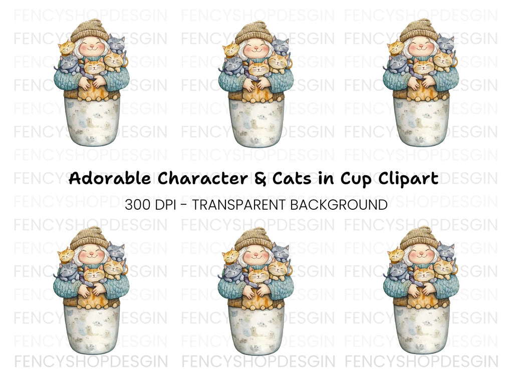 Cozy Girl with Many Cats Clipart Bundle