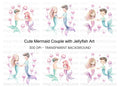 Adorable Mermaid Couple with Jellyfish Clipart Bundle