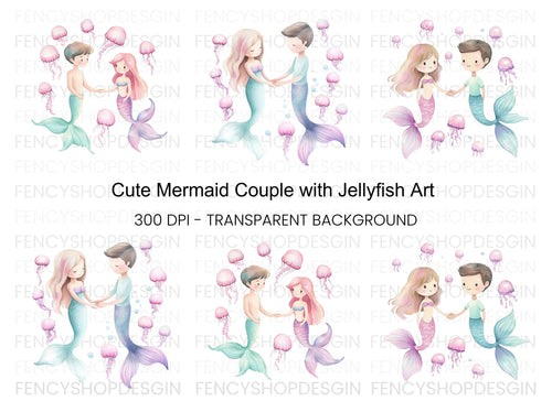 Adorable Mermaid Couple with Jellyfish Clipart Bundle
