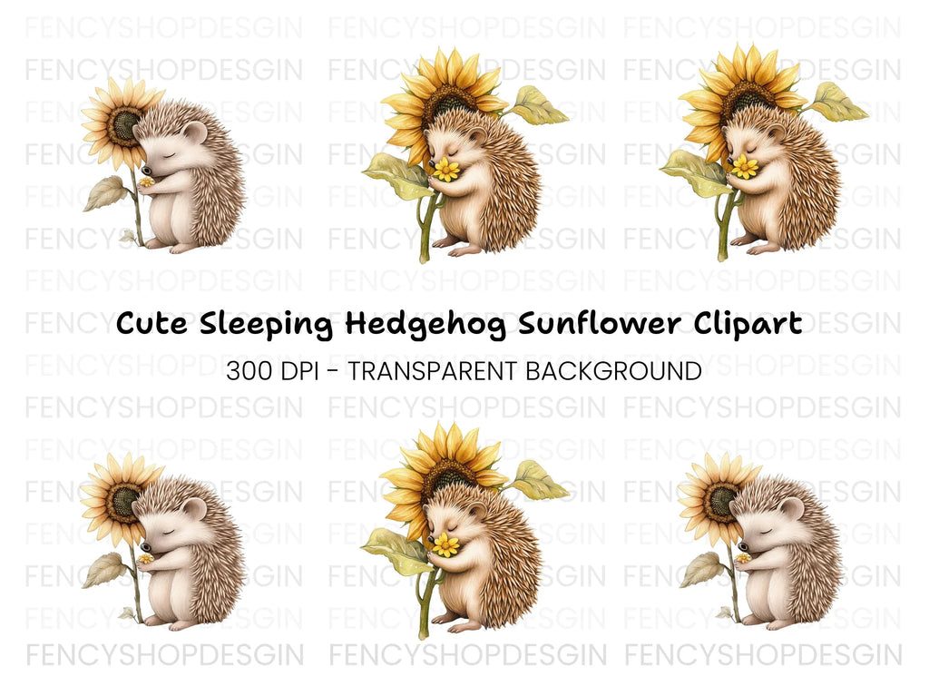 Cute Hedgehog Sleeping with Sunflower Clipart Bundle