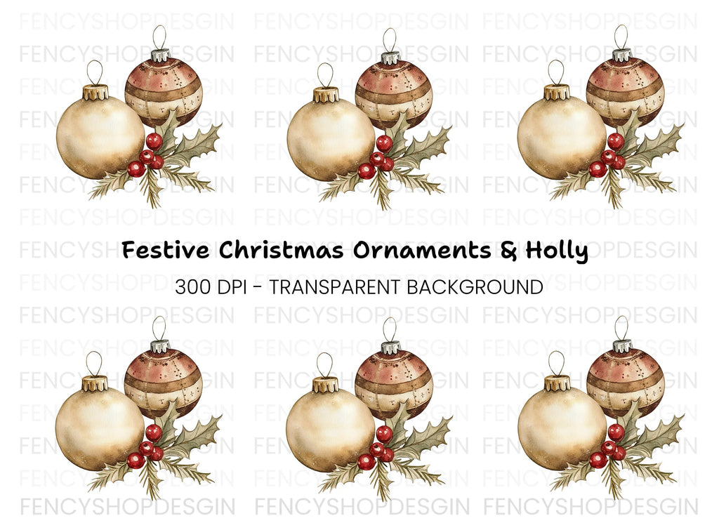 Christmas Ornaments and Holly Clipart Bundle