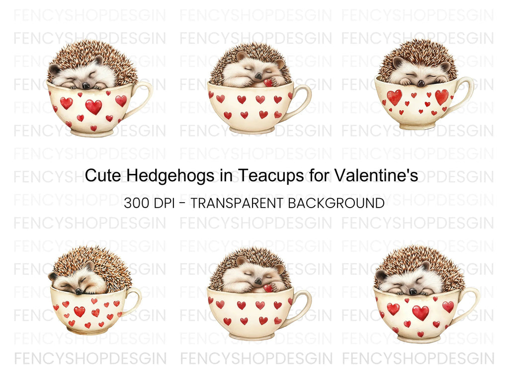 Cute Sleeping Hedgehogs in Heart Cups Clipart Bundle