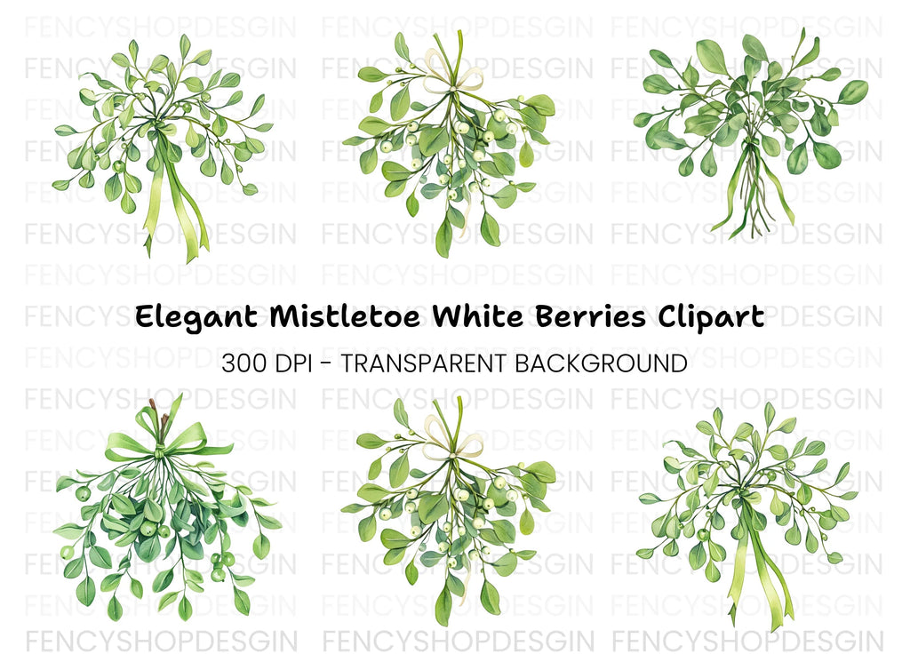 Green Mistletoe with Berries Clipart Bundle