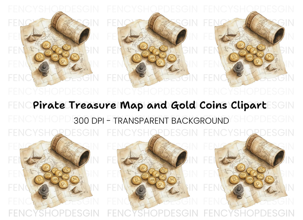 Rolled Map and Coins Clipart Bundle