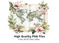 Vintage Floral World Map Clipart Bundle