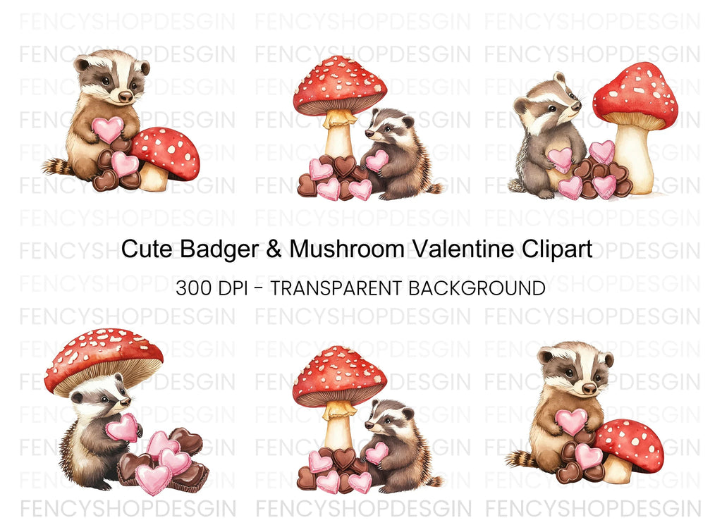 Cute Badger Mushroom Valentine Clipart Bundle
