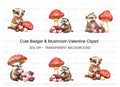 Cute Badger Mushroom Valentine Clipart Bundle