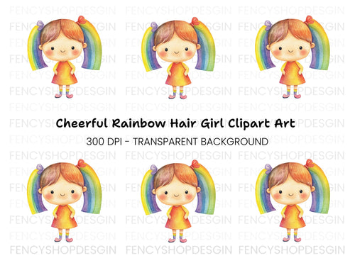 Adorable Rainbow Pigtails Girl Clipart Bundle