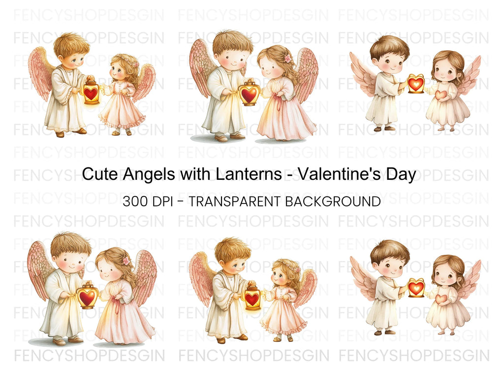 Cute Angel with Heart Lanterns Clipart Bundle