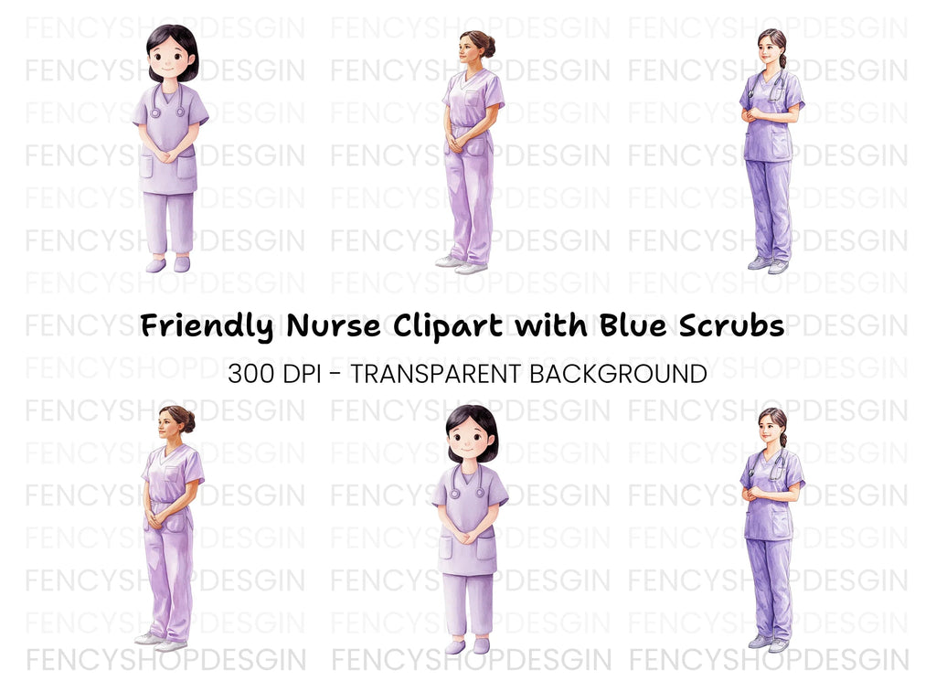 Nurses in Purple Scrubs Clipart Bundle
